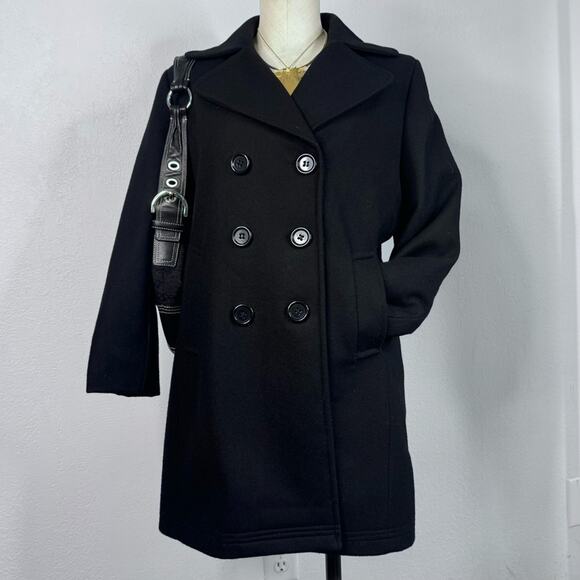 Vintage Wool Blend Double Breasted Pea Coat Black Dark Academia Minimalist SZ 8 - Picture 2 of 7